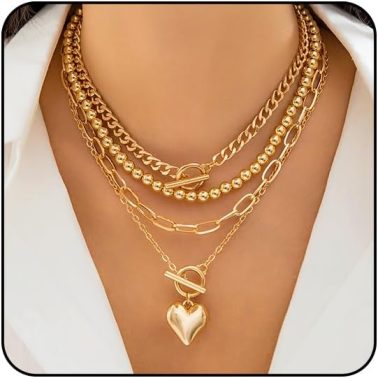 Layered Gold Necklace for Women Non Tarnish Chunky Gold Necklace Stack for Women Paperclip Chain Necklace for Women Retro Coin Medallion Heart Pendant Necklace Gold Jewelry Set