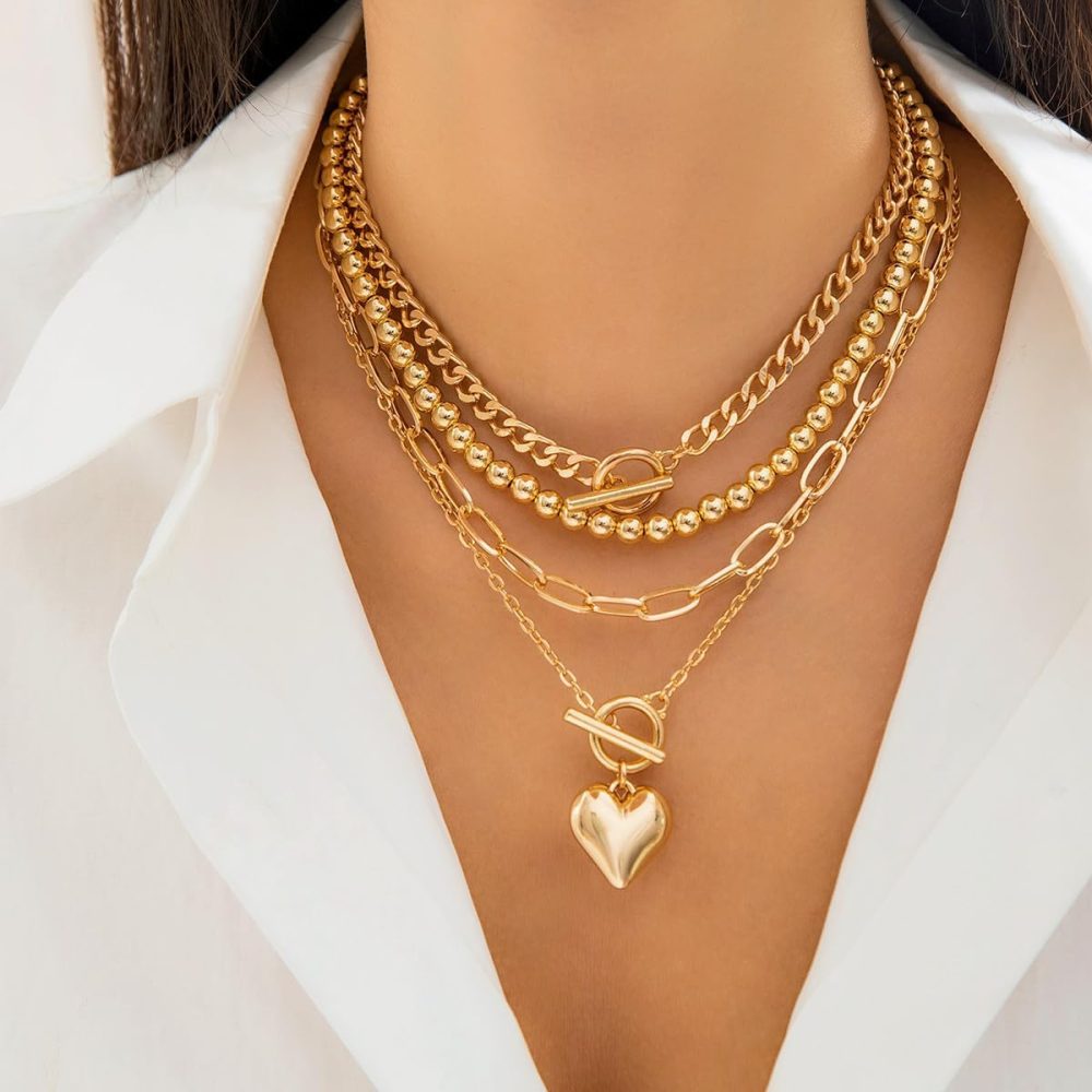 Layered Gold Necklace for Women Non Tarnish Chunky Gold Necklace Stack for Women Paperclip Chain Necklace for Women Retro Coin Medallion Heart Pendant Necklace Gold Jewelry Set - Image 2