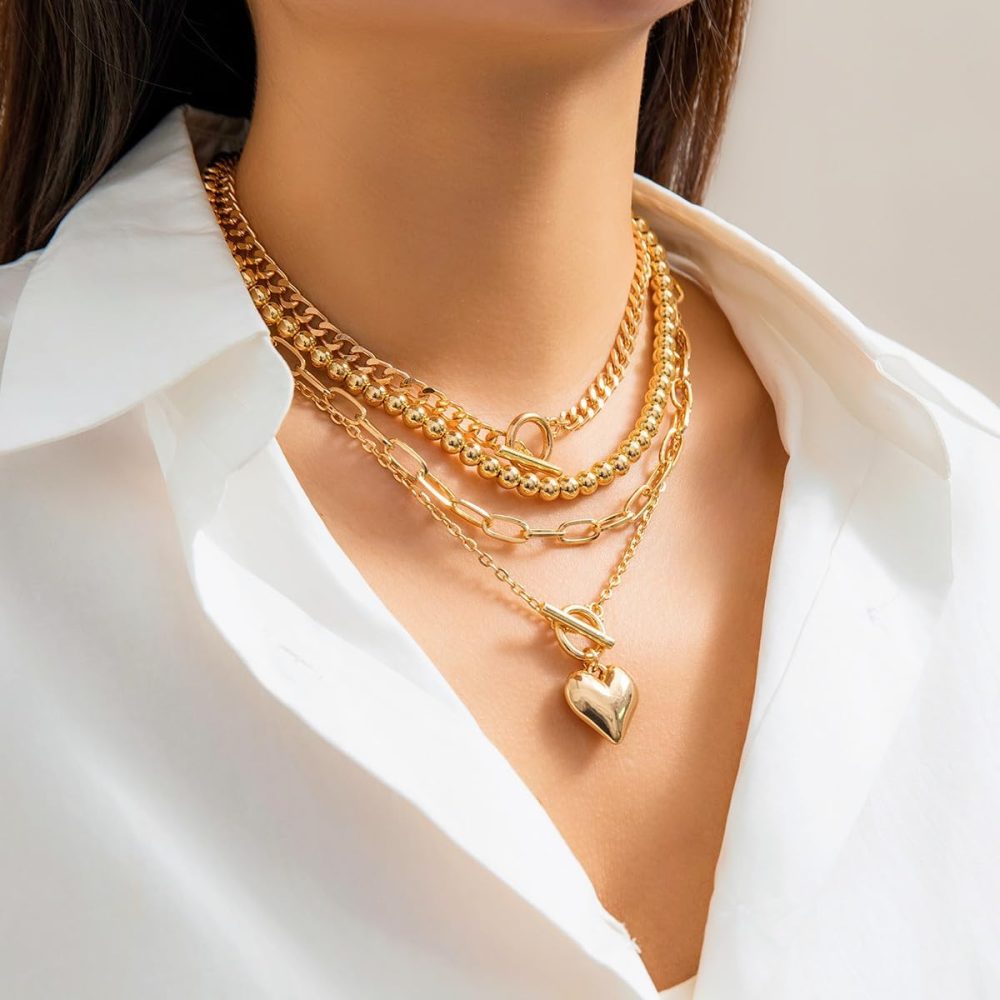 Layered Gold Necklace for Women Non Tarnish Chunky Gold Necklace Stack for Women Paperclip Chain Necklace for Women Retro Coin Medallion Heart Pendant Necklace Gold Jewelry Set - Image 3