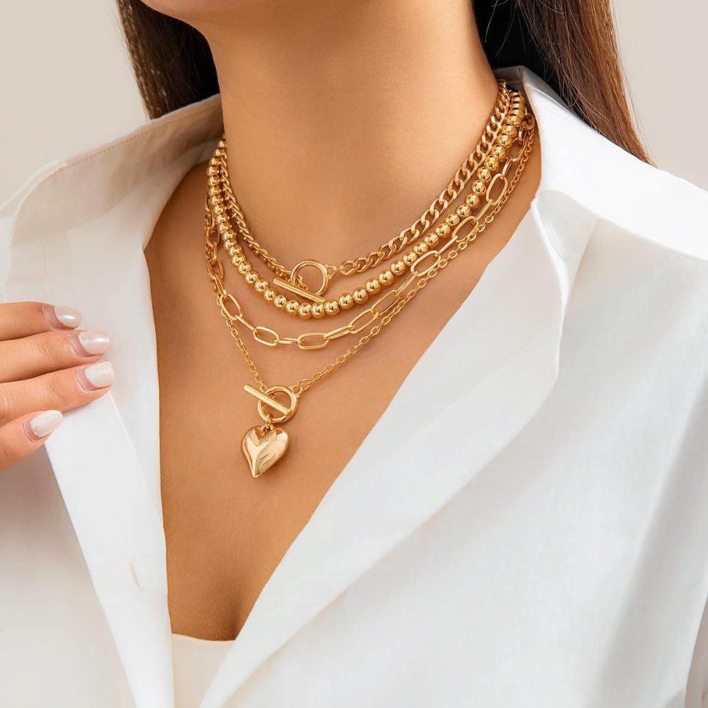 Layered Gold Necklace for Women Non Tarnish Chunky Gold Necklace Stack for Women Paperclip Chain Necklace for Women Retro Coin Medallion Heart Pendant Necklace Gold Jewelry Set - Image 4