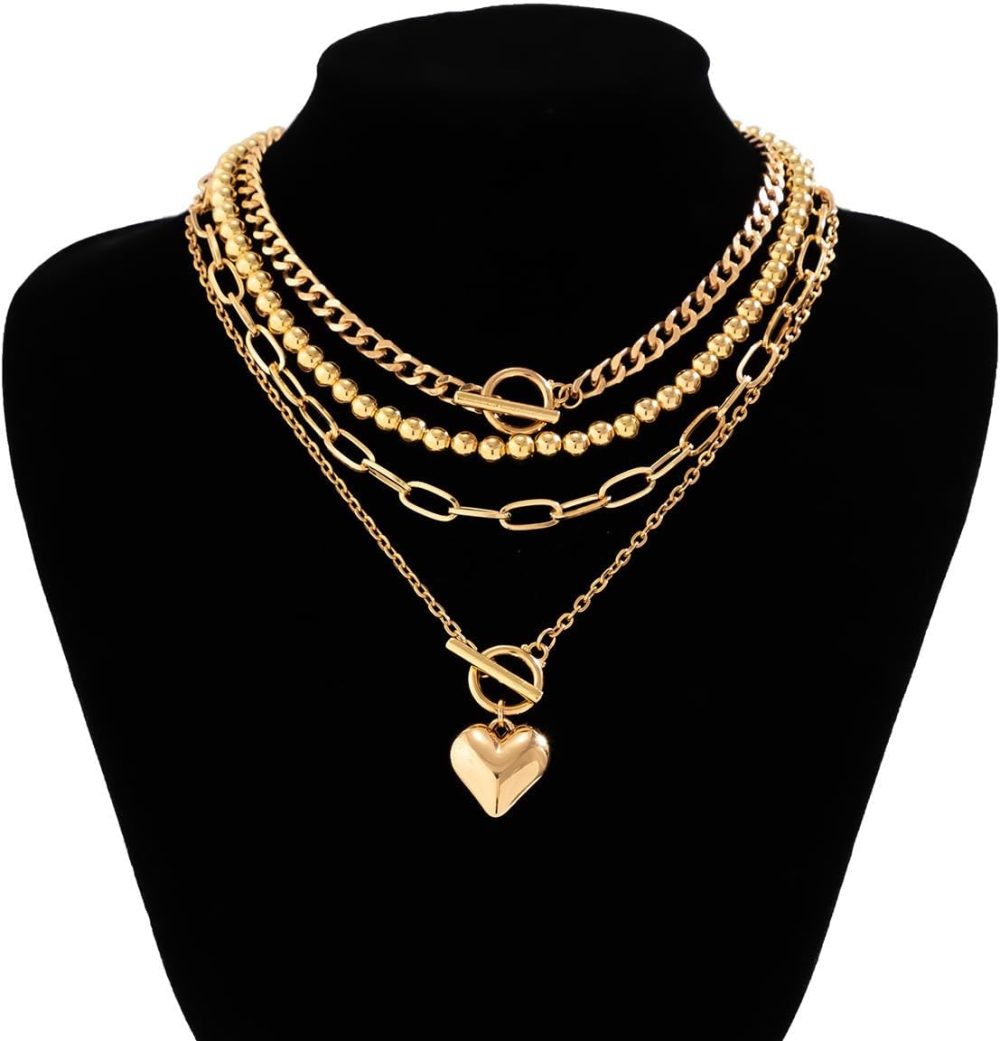 Layered Gold Necklace for Women Non Tarnish Chunky Gold Necklace Stack for Women Paperclip Chain Necklace for Women Retro Coin Medallion Heart Pendant Necklace Gold Jewelry Set - Image 7