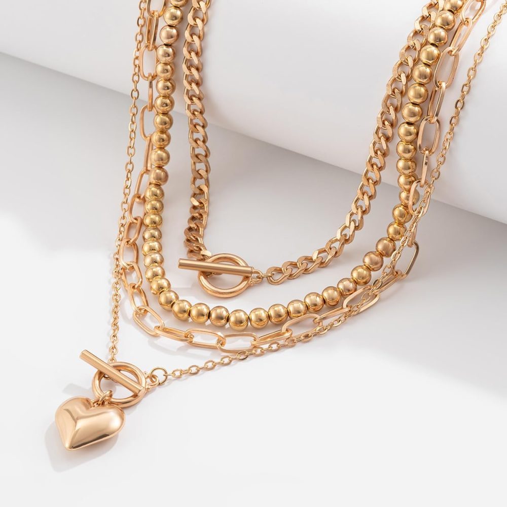 Layered Gold Necklace for Women Non Tarnish Chunky Gold Necklace Stack for Women Paperclip Chain Necklace for Women Retro Coin Medallion Heart Pendant Necklace Gold Jewelry Set - Image 9