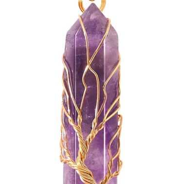 Healing Crystal Necklace Tree of Life Wire Wrapped Natural Stone Point Pendant Necklace Hexagonal Reiki Spiritual Quartz Gemstone Jewelry for Women Men