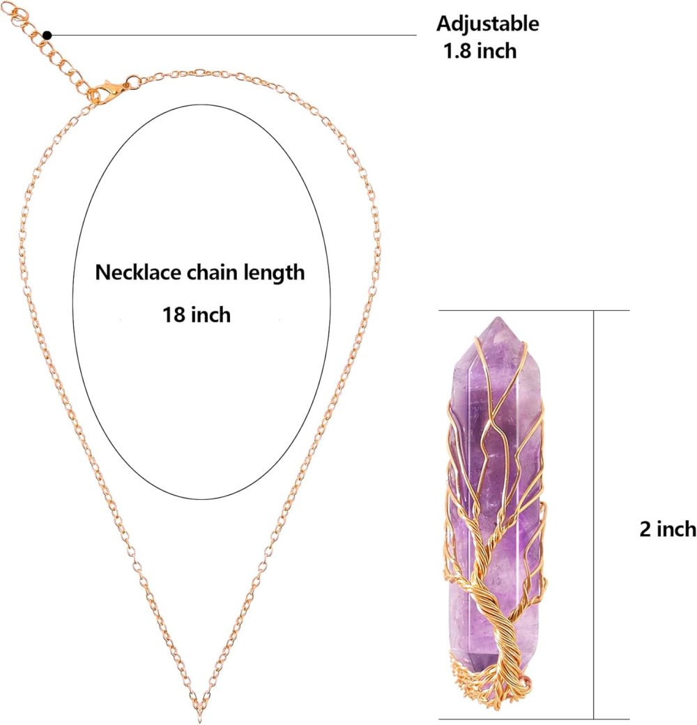 Healing Crystal Necklace Tree of Life Wire Wrapped Natural Stone Point Pendant Necklace Hexagonal Reiki Spiritual Quartz Gemstone Jewelry for Women Men - Image 2