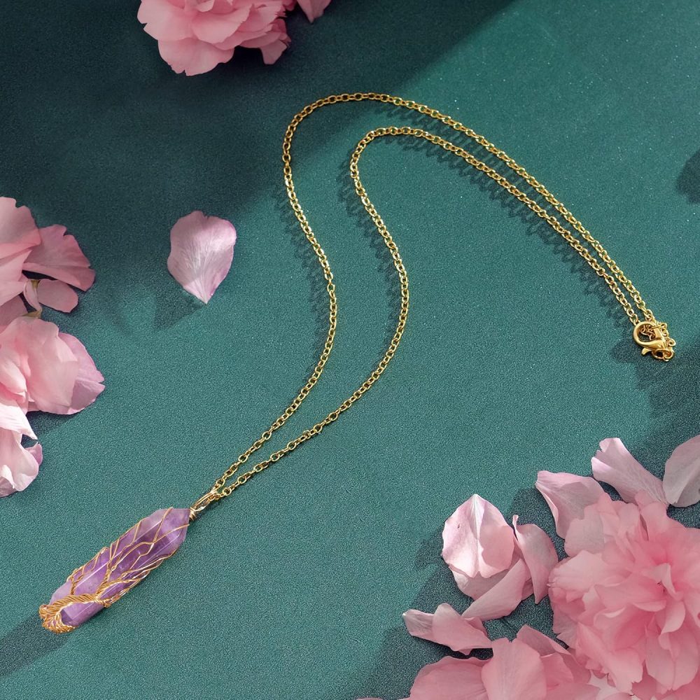 Healing Crystal Necklace Tree of Life Wire Wrapped Natural Stone Point Pendant Necklace Hexagonal Reiki Spiritual Quartz Gemstone Jewelry for Women Men - Image 3