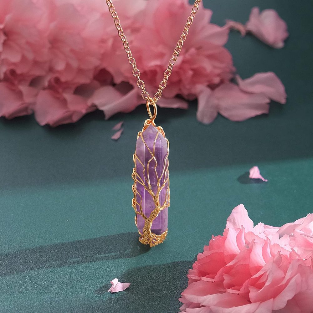 Healing Crystal Necklace Tree of Life Wire Wrapped Natural Stone Point Pendant Necklace Hexagonal Reiki Spiritual Quartz Gemstone Jewelry for Women Men - Image 4